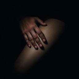 A sensual scene featuring a man's hand gently resting on a woman's thigh, enveloped in a dark and moody atmosphere