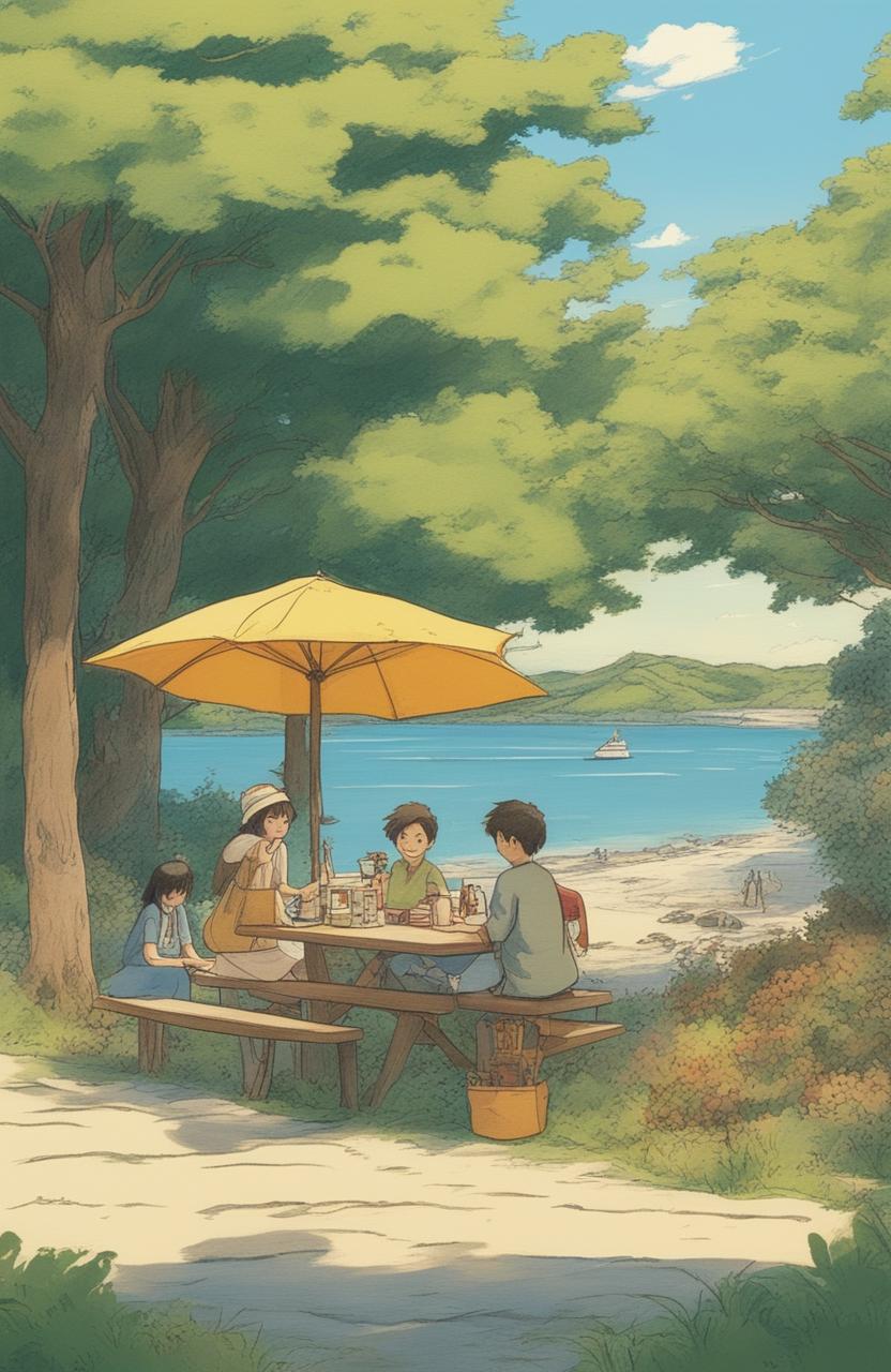 A Studio Ghibli-style, hand-drawn animation of a stunning summer day in a park in Wellington, New Zealand, overlooking a beach