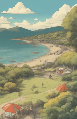 A Studio Ghibli-style, hand-drawn animation of a stunning summer day in a park in Wellington, New Zealand, overlooking a beach