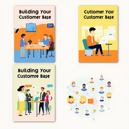 A series of creative ebook covers for a guide titled 'Building Your Customer Base'