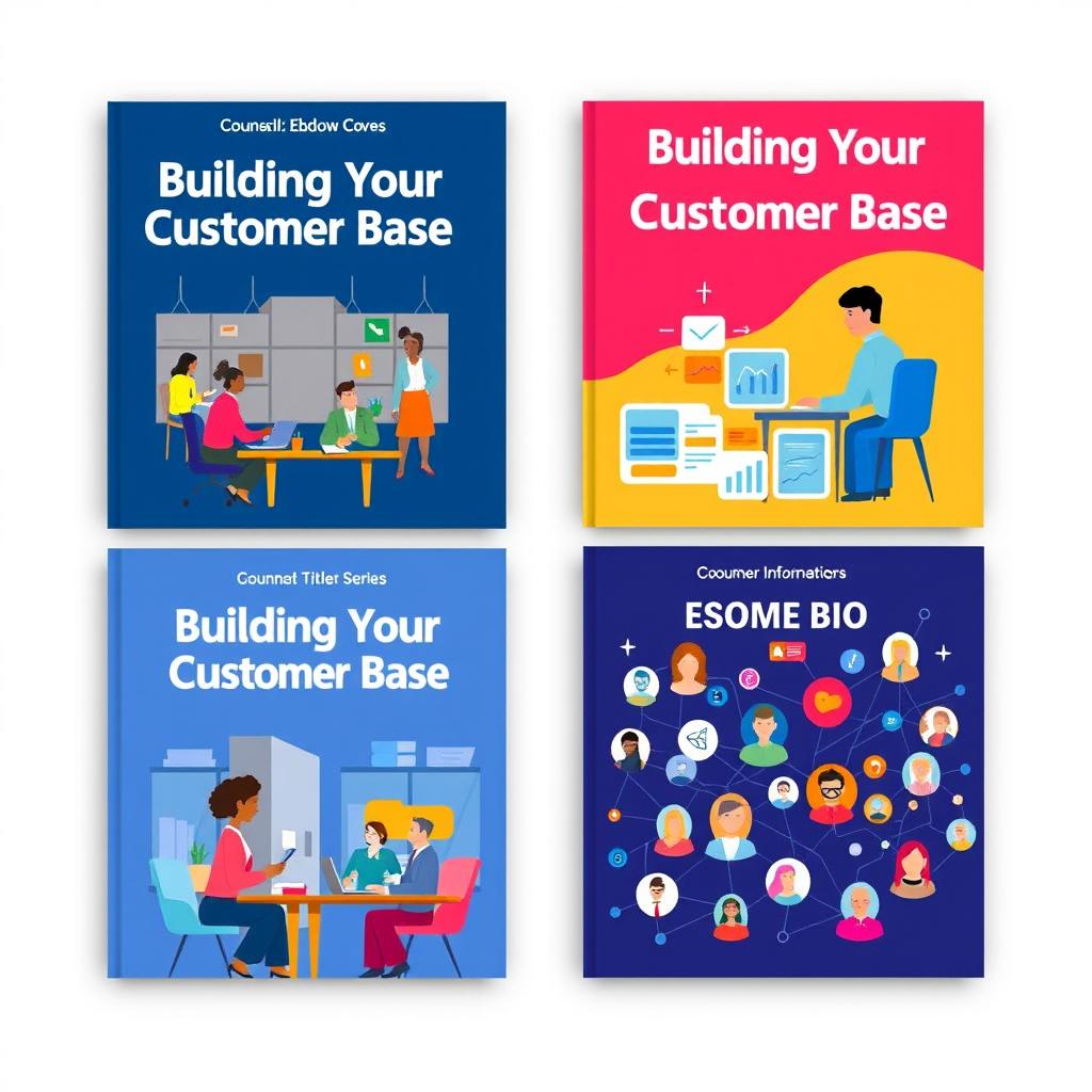 A series of creative ebook covers for a guide titled 'Building Your Customer Base'