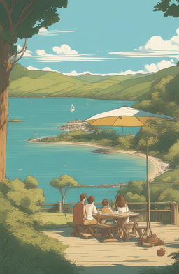 A Studio Ghibli-style, hand-drawn animation of a stunning summer day in a park in Wellington, New Zealand, overlooking a beach