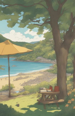 A Studio Ghibli-style, hand-drawn animation of a stunning summer day in a park in Wellington, New Zealand, overlooking a beach