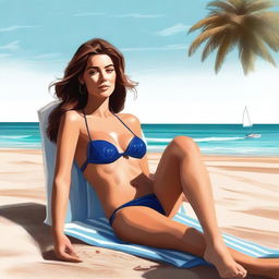 A realistic digital painting of Italian singer, Annalisa, relaxing on a beach in a stylish bikini