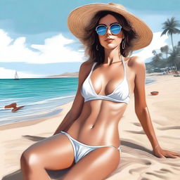 A realistic digital painting of Italian singer, Annalisa, relaxing on a beach in a stylish bikini