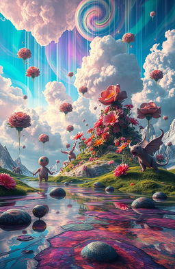 A surreal landscape with a vibrant explosion of colors, depicting a bizarre world where gravity seems to be absent