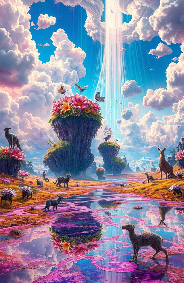 A surreal landscape with a vibrant explosion of colors, depicting a bizarre world where gravity seems to be absent