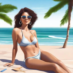 A realistic digital painting of Italian singer, Annalisa, relaxing on a beach in a stylish bikini