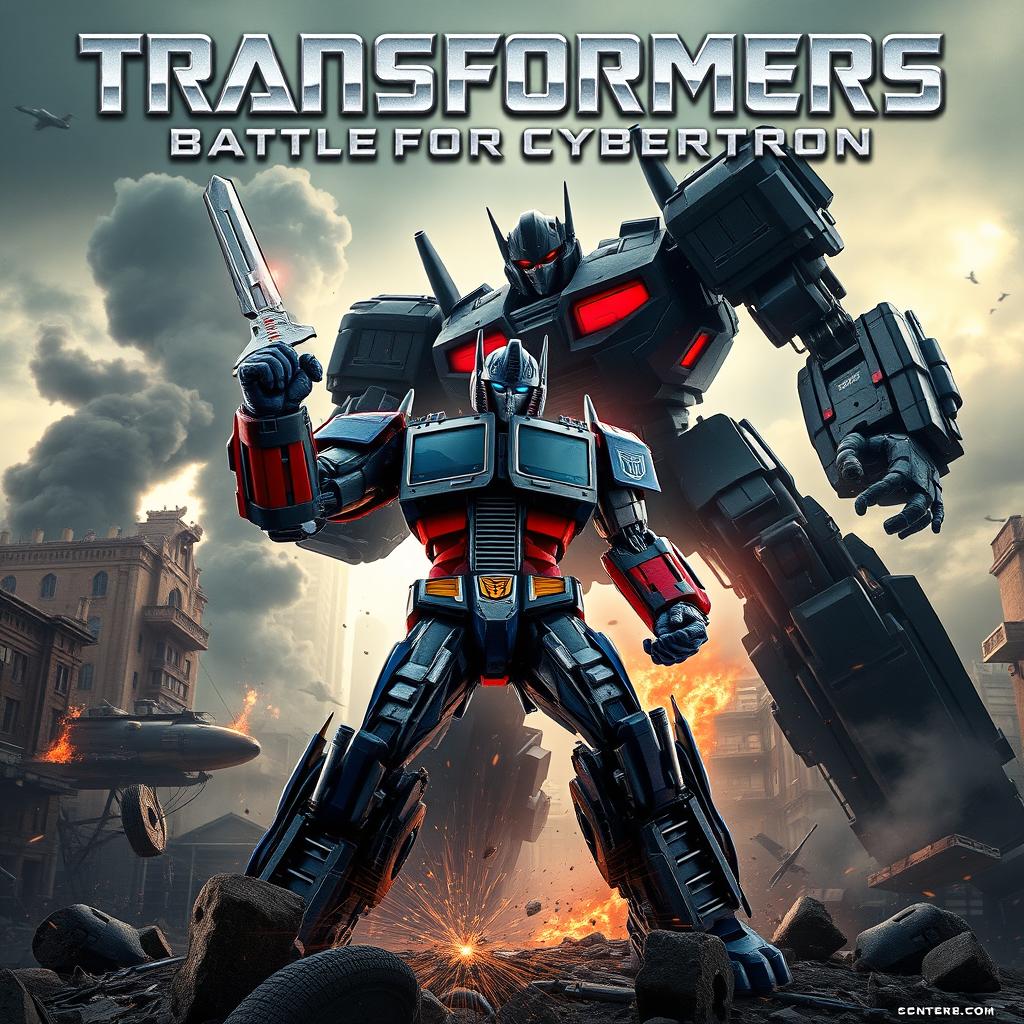 A dynamic and action-packed movie poster for Transformers, featuring the intense battle between Optimus Prime and Sentinel Prime