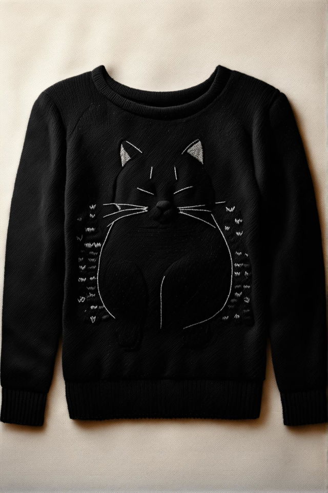 The image is a design for a simple cat embroidery on a cozy woolen sweater