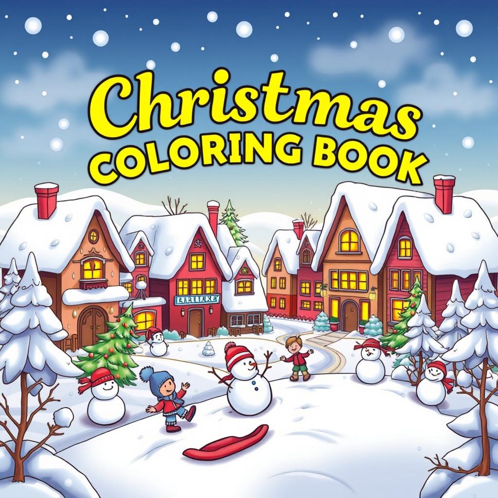 A whimsical and festive coloring book cover for Christmas, featuring a beautiful, cozy winter village scene with snow-covered rooftops, decorated Christmas trees with glowing lights, and playful snowmen