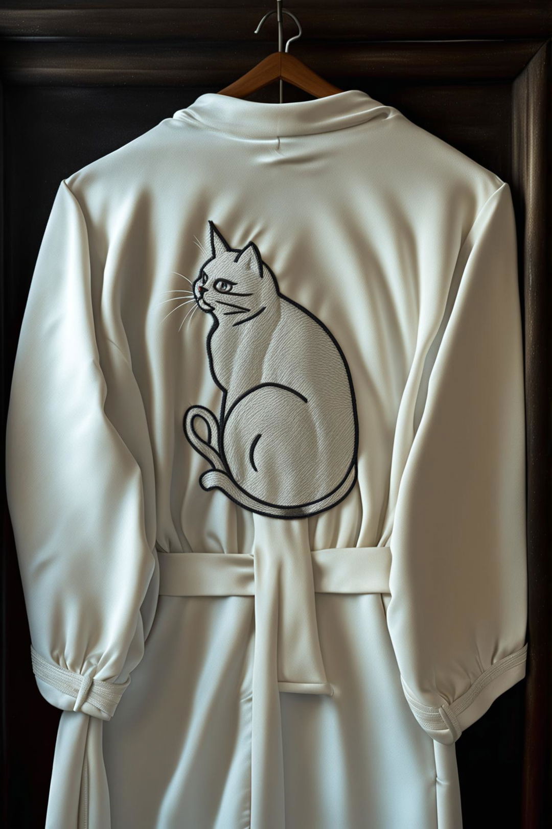 This is a high-resolution image of a simple cat embroidery design on a satin robe