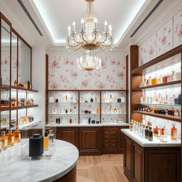 A beautifully designed perfume shop interior, showcasing elegant displays of various perfume bottles