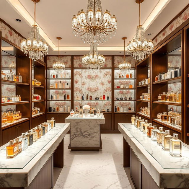 A beautifully designed perfume shop interior, showcasing elegant displays of various perfume bottles