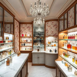 A beautifully designed perfume shop interior, showcasing elegant displays of various perfume bottles