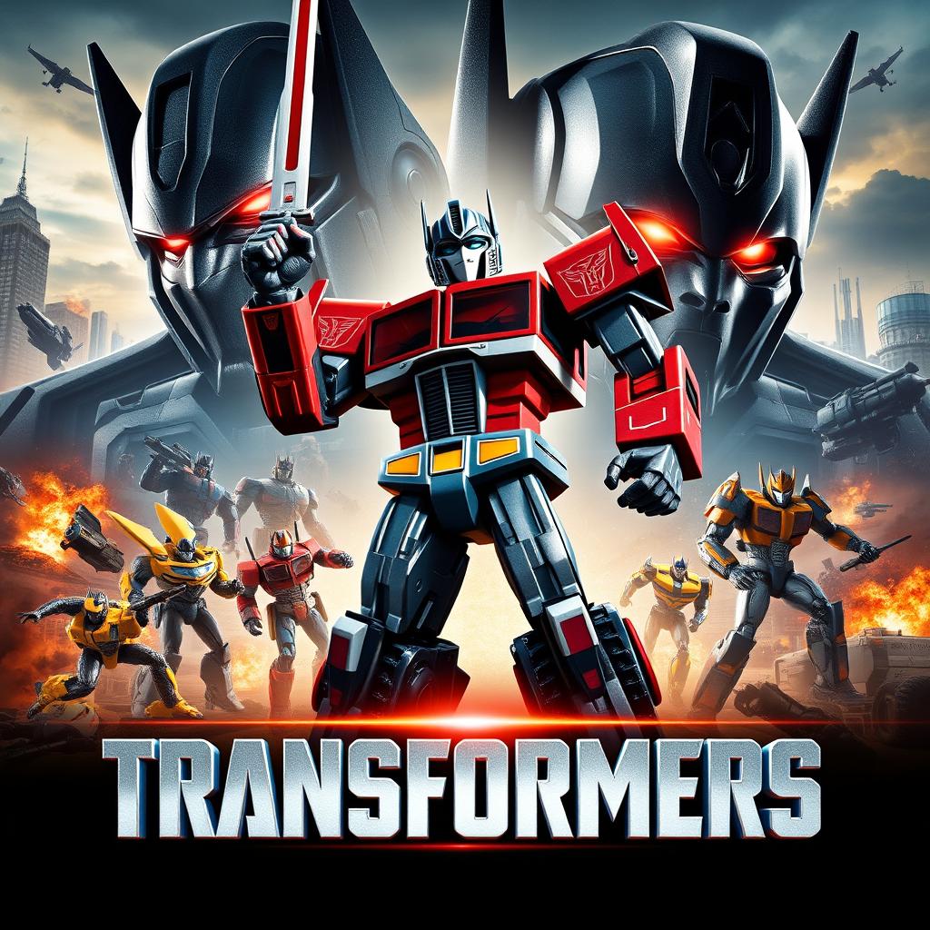 An epic movie poster for the film Transformers, showcasing the iconic Autobots and Decepticons