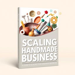 An innovative ebook cover design for 'A Guide to Scaling Your Handmade Business', featuring an artistic representation of various handmade products like pottery, jewelry, and crafts emerging from a flowing ribbon or wave that symbolizes growth and expansion