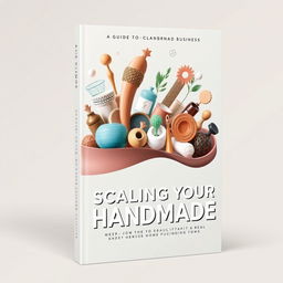 An innovative ebook cover design for 'A Guide to Scaling Your Handmade Business', featuring an artistic representation of various handmade products like pottery, jewelry, and crafts emerging from a flowing ribbon or wave that symbolizes growth and expansion