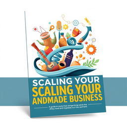An innovative ebook cover design for 'A Guide to Scaling Your Handmade Business', featuring an artistic representation of various handmade products like pottery, jewelry, and crafts emerging from a flowing ribbon or wave that symbolizes growth and expansion