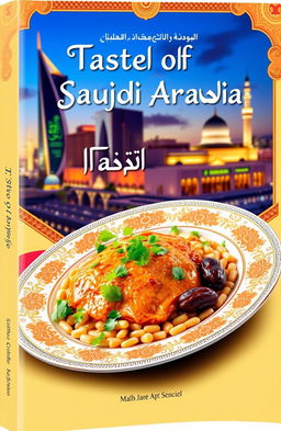 A beautifully designed book cover for a Saudi Arabian recipe book, featuring traditional Saudi dishes