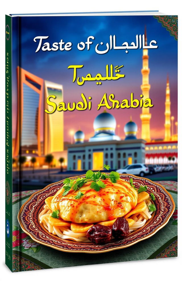 A beautifully designed book cover for a Saudi Arabian recipe book, featuring traditional Saudi dishes