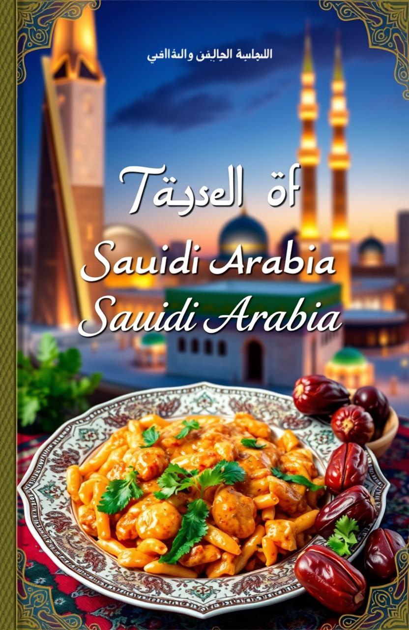 A beautifully designed book cover for a Saudi Arabian recipe book, featuring traditional Saudi dishes