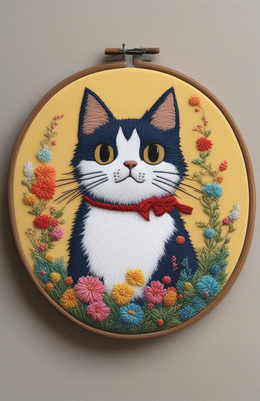 This is a digital image of a Studio Ghibli-inspired cat embroidery