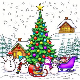 A high-quality illustration for a Christmas-themed coloring book, featuring various festive elements such as a beautifully decorated Christmas tree with colorful ornaments, twinkling lights, and a star on top