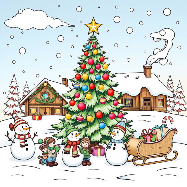 A high-quality illustration for a Christmas-themed coloring book, featuring various festive elements such as a beautifully decorated Christmas tree with colorful ornaments, twinkling lights, and a star on top