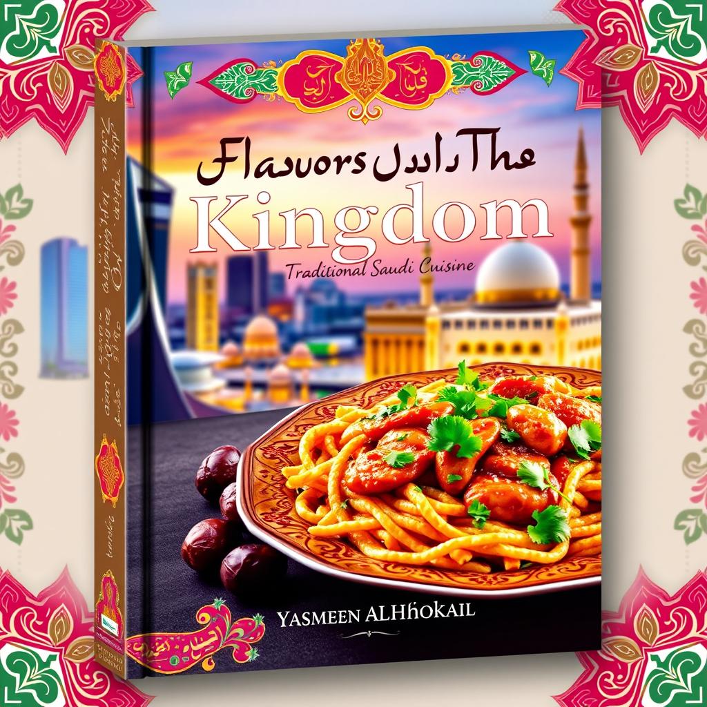 A beautifully designed book cover for a Saudi Arabian recipe book, featuring traditional Saudi dishes