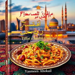 A beautifully designed book cover for a Saudi Arabian recipe book, featuring traditional Saudi dishes