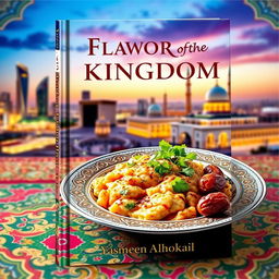 A beautifully designed book cover for a Saudi Arabian recipe book, featuring traditional Saudi dishes