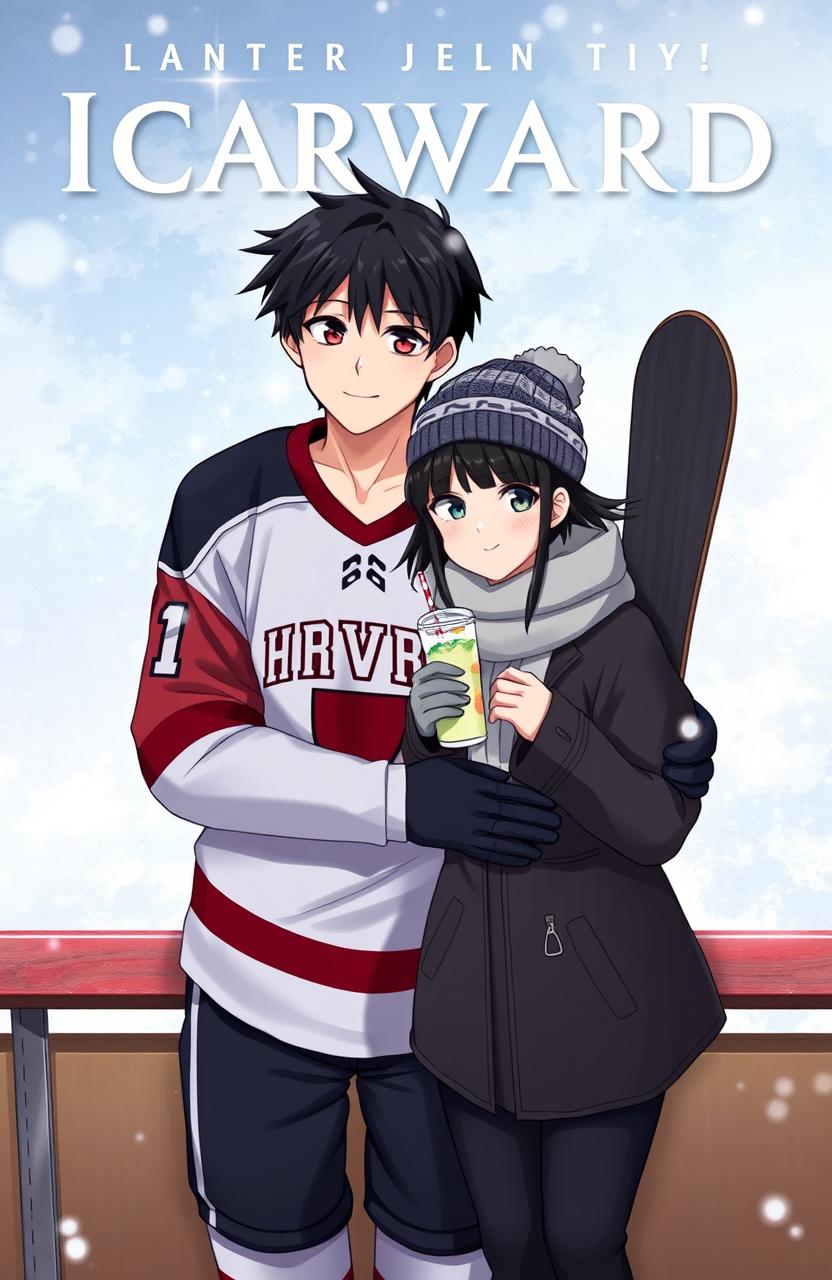 A book cover depicting two main characters standing on an ice rink