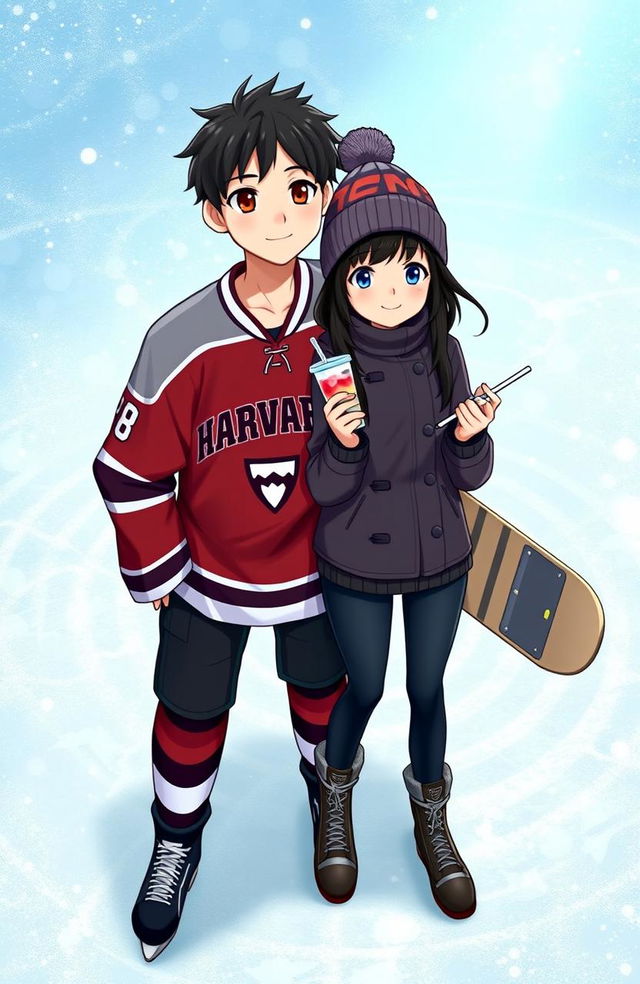 A book cover depicting two main characters standing on an ice rink