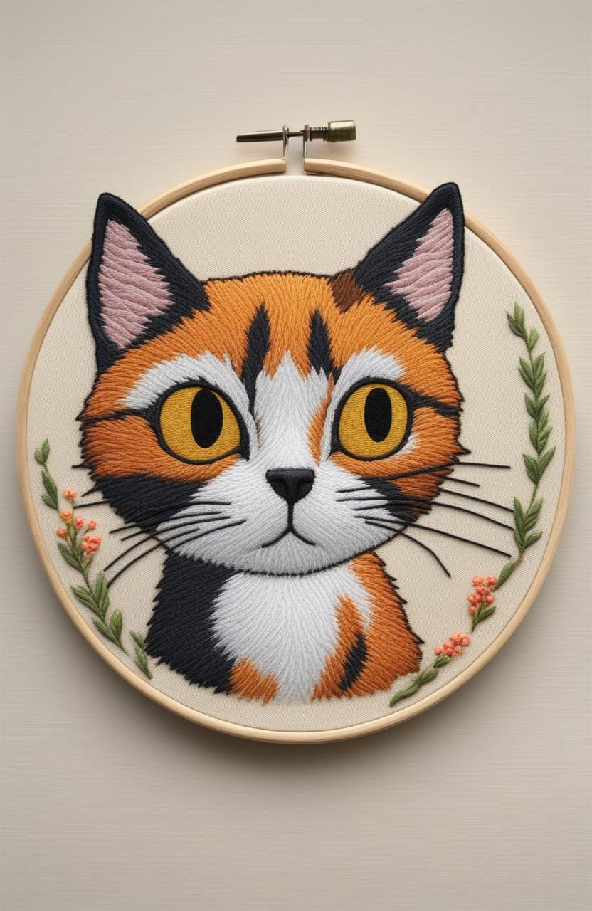 The image is a digital representation of a Studio Ghibli-inspired cat embroidery