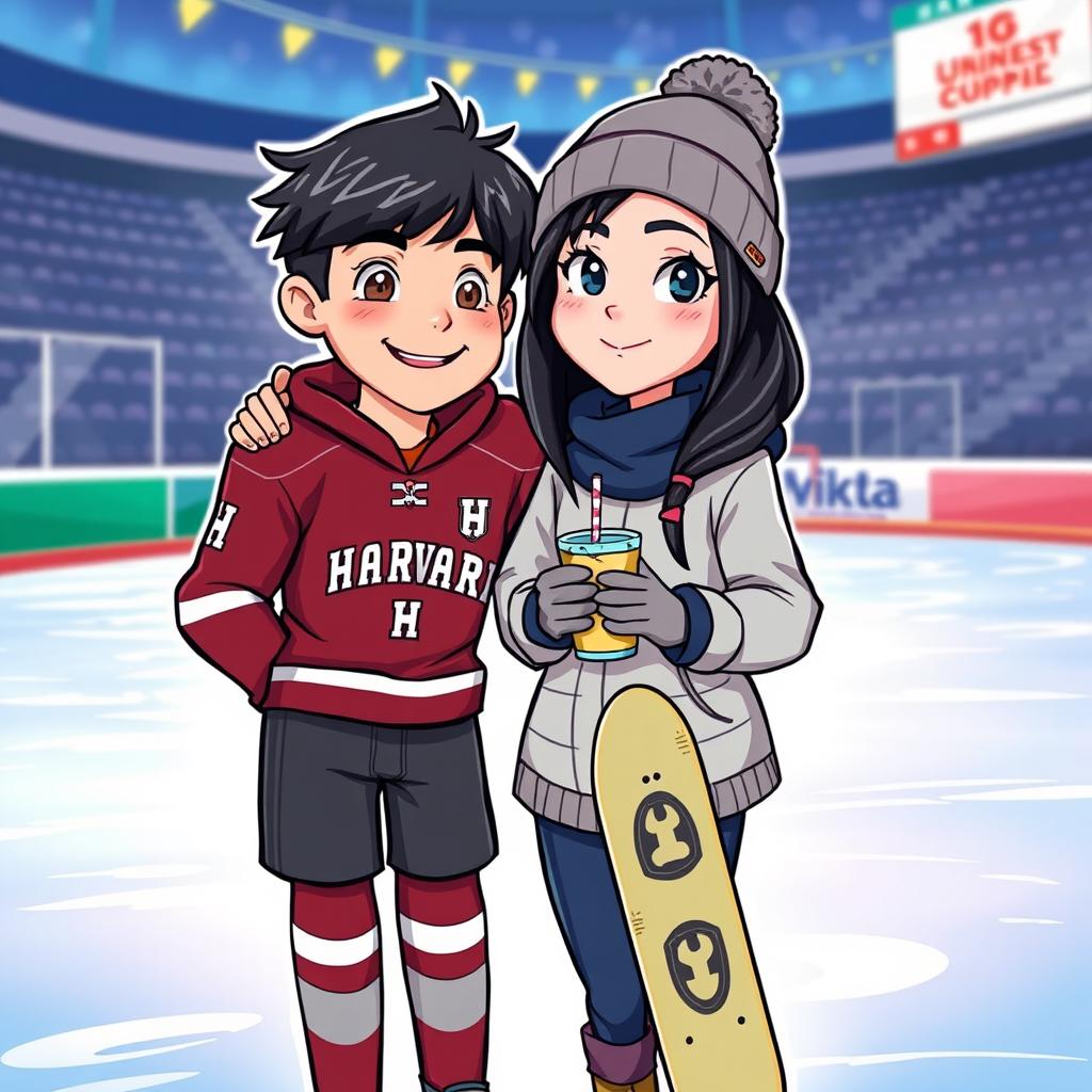 A cartoon-style book cover featuring two main characters on an ice rink