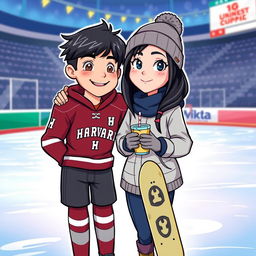 A cartoon-style book cover featuring two main characters on an ice rink