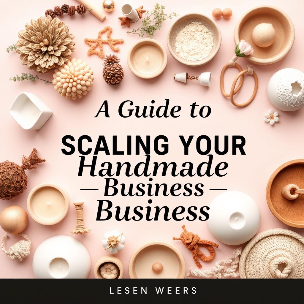 A creative and stylish cover design for an ebook titled 'A Guide to Scaling Your Handmade Business'