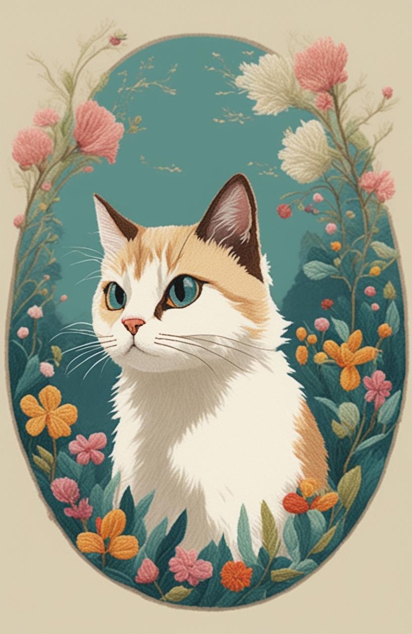 The image is a digital representation of a Studio Ghibli-inspired cat embroidery