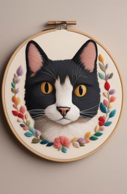 The image is a digital representation of a Studio Ghibli-inspired cat embroidery