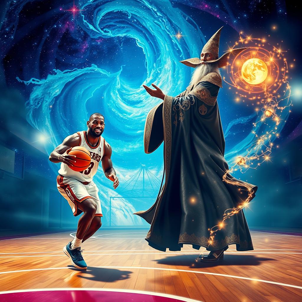 A dynamic scene featuring an athletic LeBron James, wearing his basketball jersey, dribbling a basketball with incredible skill on a magical basketball court