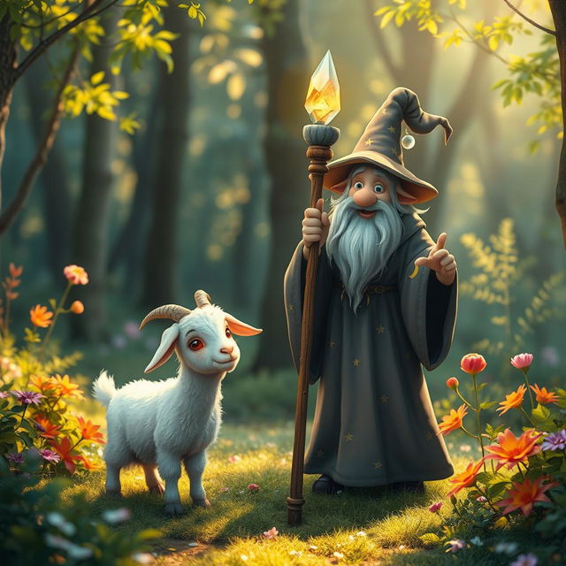 A whimsical scene depicting a charming goat with soft, fluffy fur standing alongside a wise old wizard