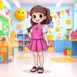A colorful and lively illustration of a preschool girl in a playful school setting, wearing a vibrant latex uniform that includes a mini skirt and a matching shirt