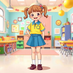 A colorful and lively illustration of a preschool girl in a playful school setting, wearing a vibrant latex uniform that includes a mini skirt and a matching shirt
