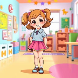 A colorful and lively illustration of a preschool girl in a playful school setting, wearing a vibrant latex uniform that includes a mini skirt and a matching shirt