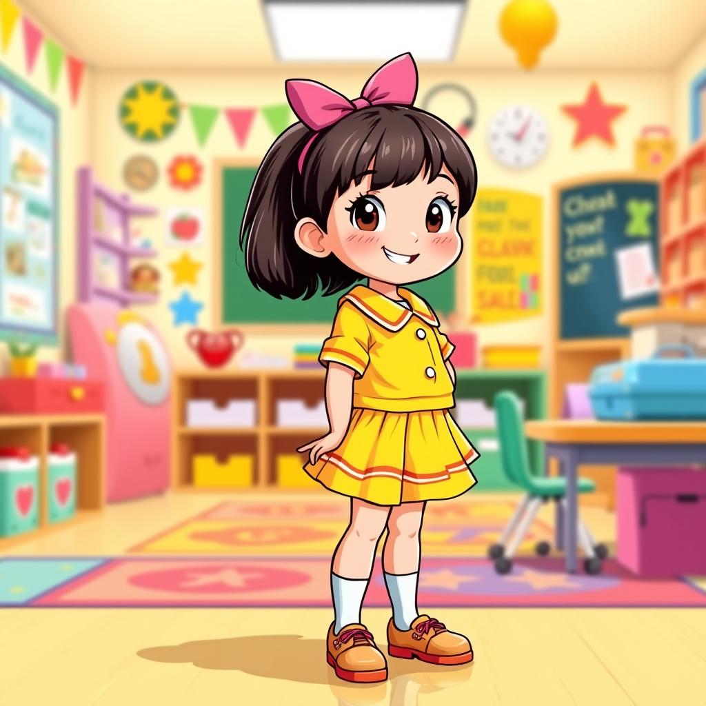 A colorful and lively illustration of a preschool girl in a playful school setting, wearing a vibrant latex uniform that includes a mini skirt and a matching shirt