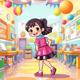 A whimsical illustration of a preschool girl in a vibrant latex uniform, featuring a latex mini skirt and a short-sleeved latex shirt