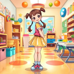 A whimsical illustration of a preschool girl in a vibrant latex uniform, featuring a latex mini skirt and a short-sleeved latex shirt