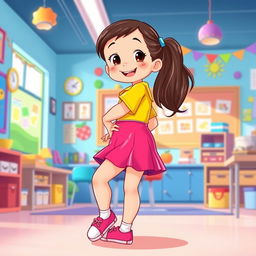 A whimsical illustration of a preschool girl in a vibrant latex uniform, featuring a latex mini skirt and a short-sleeved latex shirt