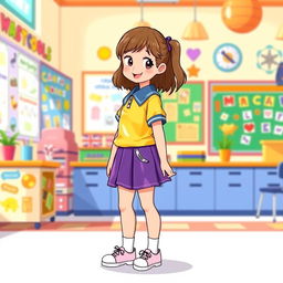 A playful and vibrant illustration of a preschool girl in a colorful latex uniform, featuring a latex mini skirt and a short-sleeved latex shirt